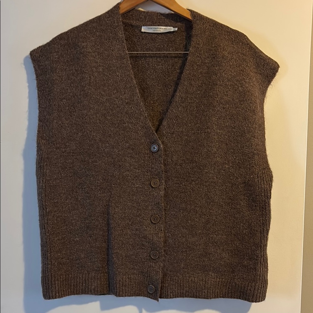 Brown Button-Front Wool Blend Sweater Vest